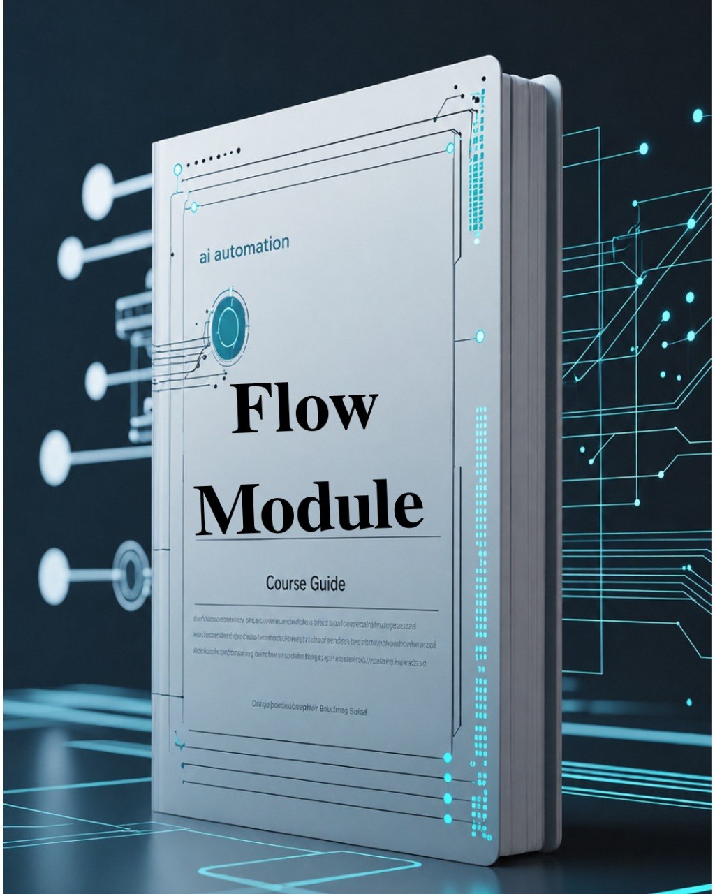 Book titled 'Flow Module Course Guide' with futuristic design elements on a dark background