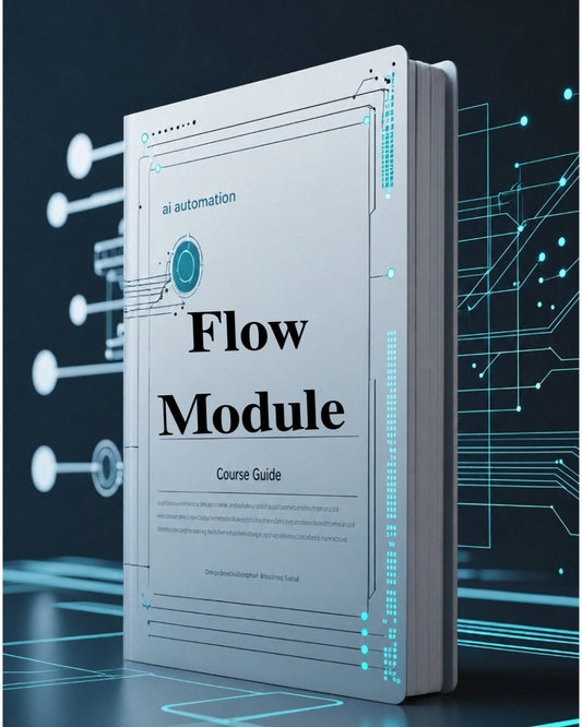 Book titled 'Flow Module Course Guide' with futuristic design elements on a dark background