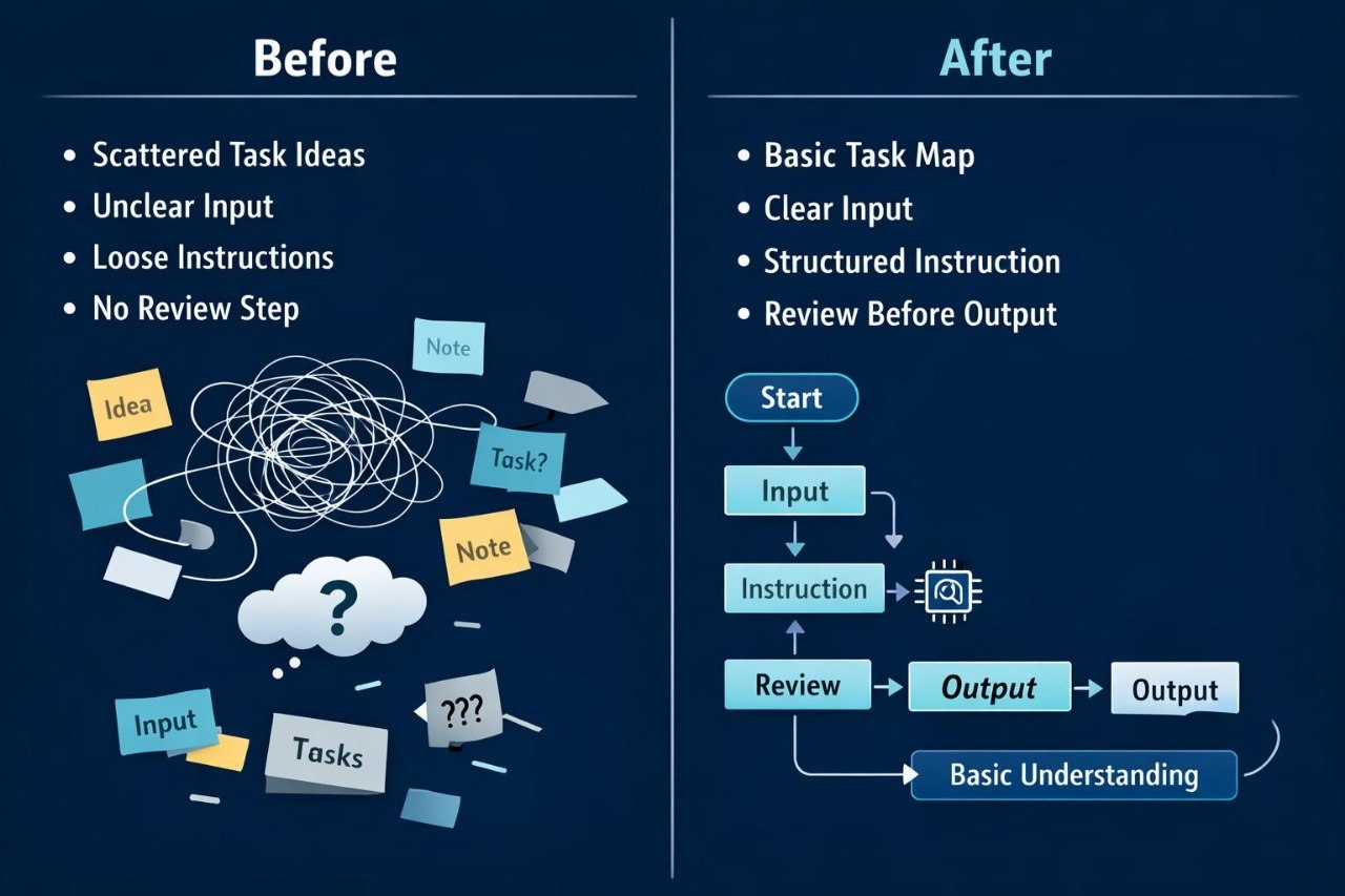 Before and after comparison of task management processes on a blue background
