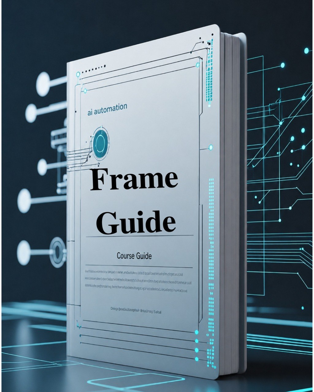 Book titled 'Frame Guide' with futuristic design elements on a dark background