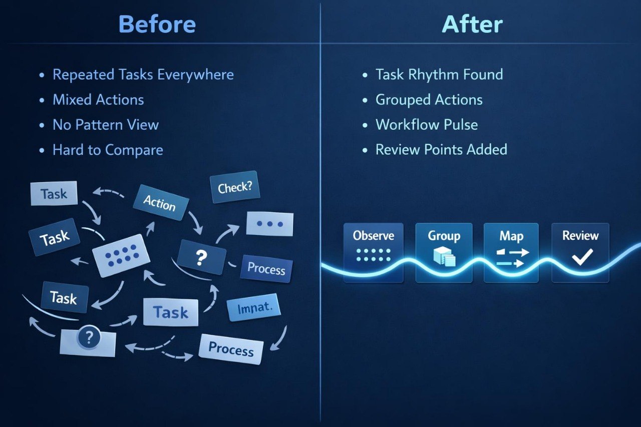 Before and after comparison of task management processes on a blue background