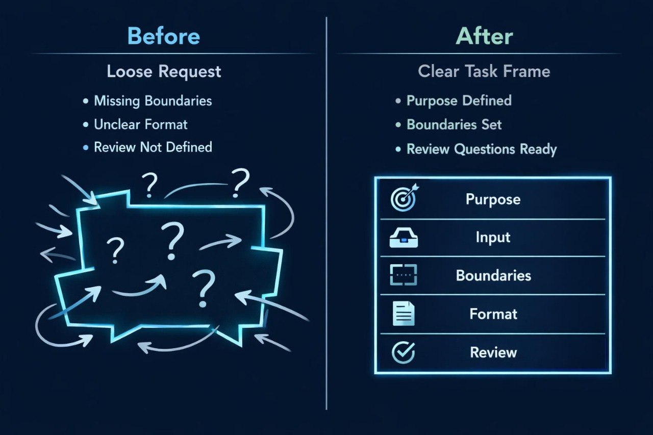 Comparison chart showing 'Before' and 'After' states of a task request with icons and text.