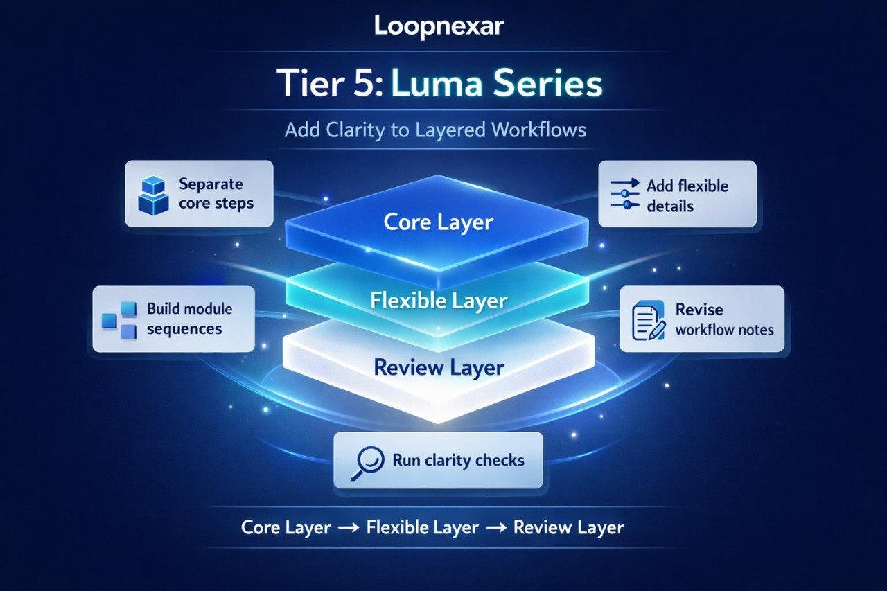 Diagram of Loopnexar Tier 5 Luma Series with three layers on a dark blue background.
