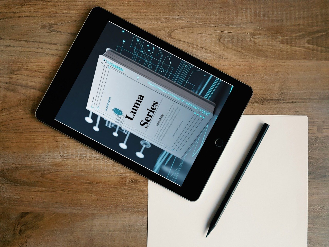 Tablet displaying a book cover with 'Luma Series' on a wooden surface
