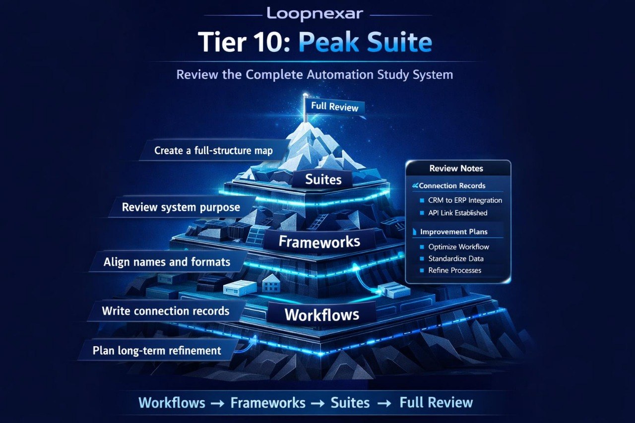 Diagram of Loopnexar Tier 10: Peak Suite automation system on a dark background