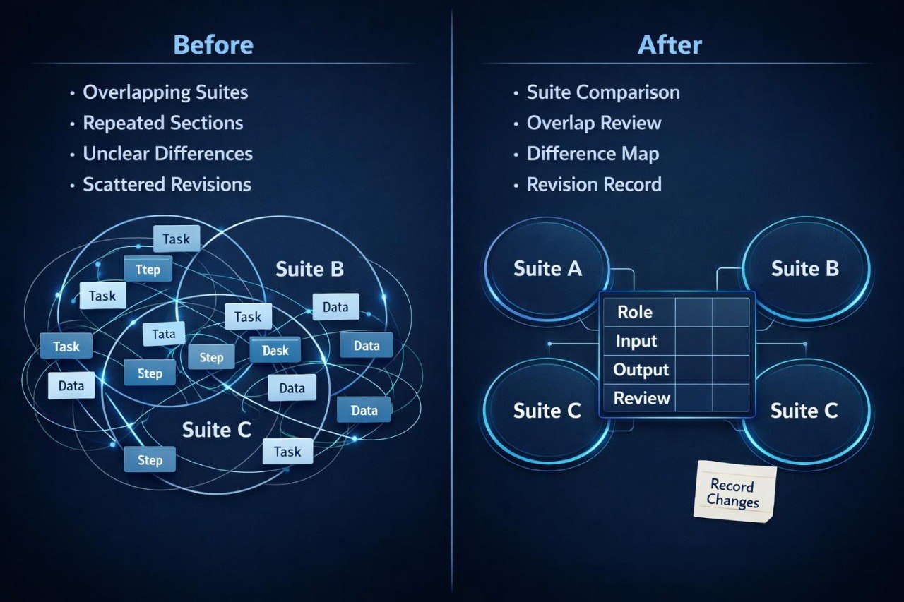 Before and after comparison of software suite design processes on a dark background