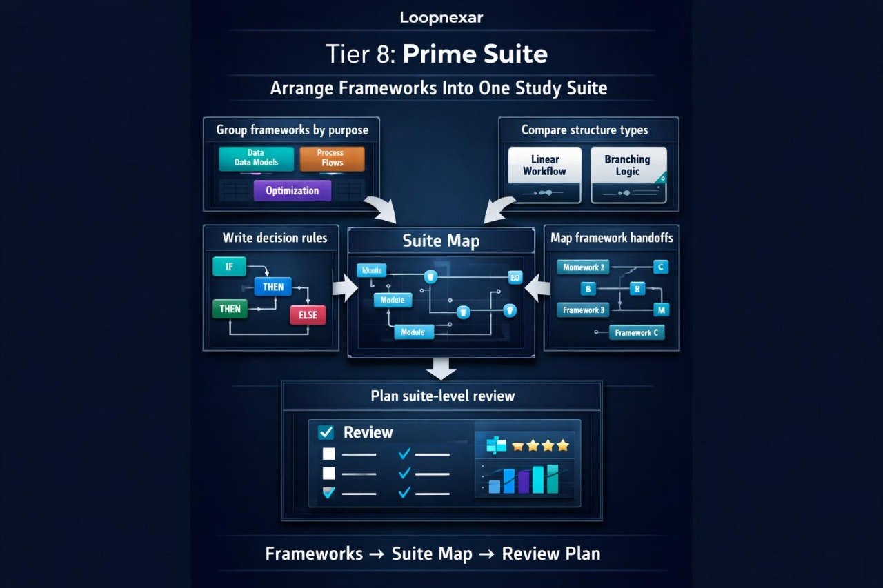 Diagram of Loopnexar Tier 8: Prime Suite with various steps and functions on a dark background.