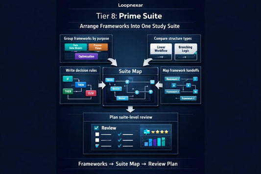 Diagram of Loopnexar Tier 8: Prime Suite with various steps and functions on a dark background.