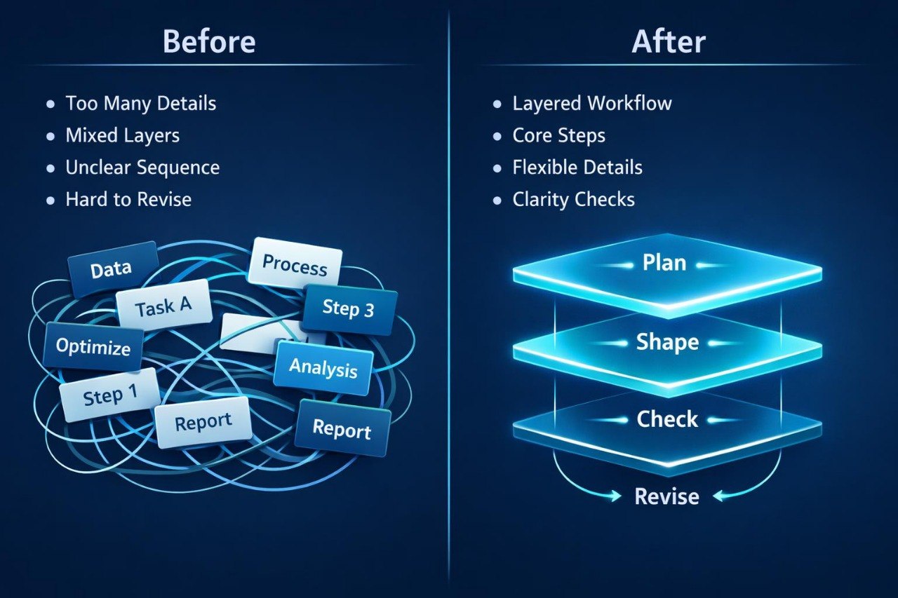 Comparison of 'Before' and 'After' workflow diagrams on a blue background