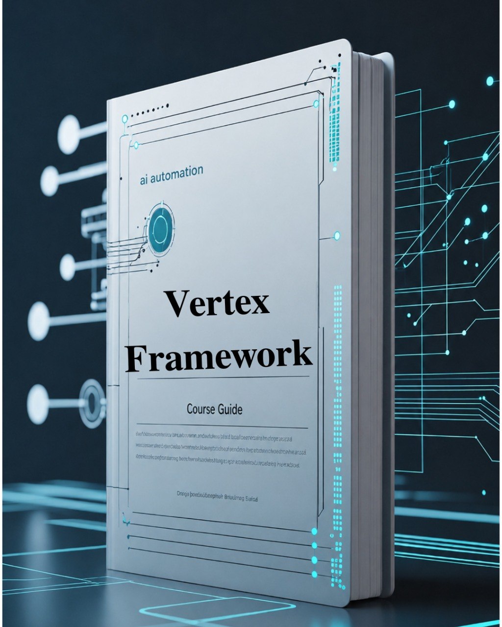 Book titled 'Vertex Framework Course Guide' with futuristic design elements on a dark background