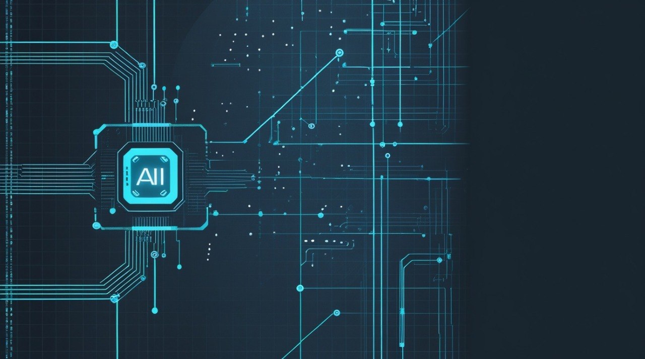Digital illustration of a circuit board with 'AI' symbol on a dark blue background