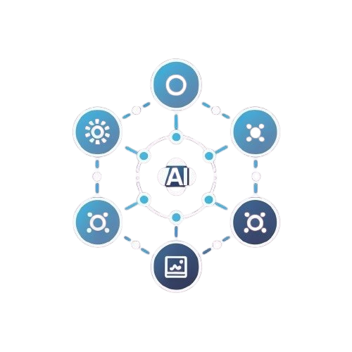 Illustration of interconnected blue circles with AI symbol in the center on a white background
