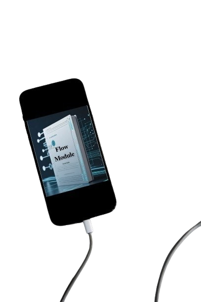 Phone with a screen displaying 'Flow Module' connected to a cable on a white background