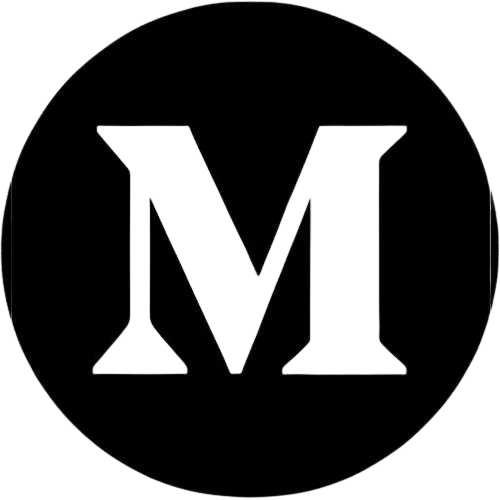 White letter 'M' on a black circular background